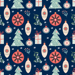 Decorative Christmas seamless pattern with Christmas trees and decorations, winter design
