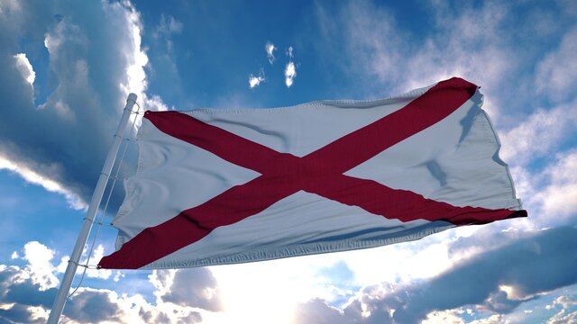 Alabama flag on a flagpole waving in the wind in the sky. State of Alabama in The United States of America. 3d rendering