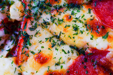 Obraz na płótnie Canvas Pizza background - macro shot of pepperoni pizza. High quality photo