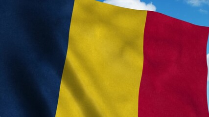 Chad flag waving in the wind, blue sky background. 3d rendering