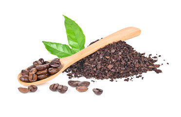 coffee beans and Pile of fresh ground coffee isolated on white
