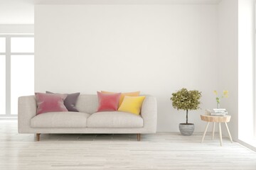 White living room with sofa. Scandinavian interior design. 3D illustration