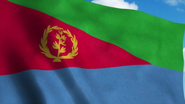 Eritrea flag waving in the wind, blue sky background. 3d rendering