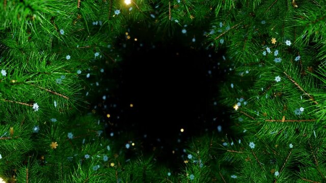 New year and Christmas 2023 BAckground. Frozen of  Christmas tree branches with gold and white snowflakes. 4K 3D loop animation