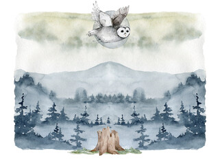 Realistic hand drawn watercolor of flying owl scandinavian wildlife illustration on forest background