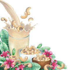 Watercolor plant based milk splashing out of the glass decorated with the cashew nuts, leaves, fruits and flowers.