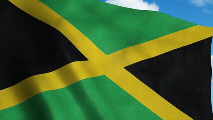 Jamaica flag waving in the wind, blue sky background. 3d rendering