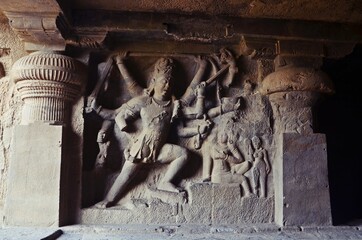stone carving and Sculptures at Ellora caves ,UNESCO world heritage site near Aurangabad,...