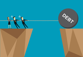 Business people pulling iron debt ball to the end of cliff