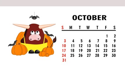 Cute children's calendar 2021. Year of the bull. Funny bull character isolated on a white background. Symbol of 2021. October.