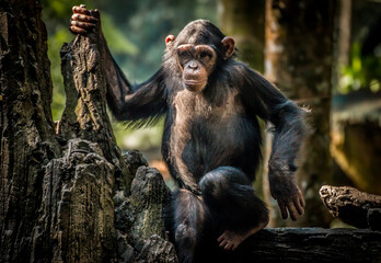 Portrait of a chimpanzee on a tree - obrazy, fototapety, plakaty