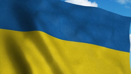 Ukraine flag waving in the wind, blue sky background. 3d rendering