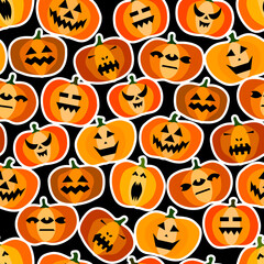 Seamless halloween scary orange pumpkins pattern. Funny, creepy, smiling face on black backgrounds. Autumn characters stickers. Happy Halloween symbol. Spooky vector trick or treat party illustration