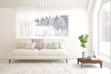 White living room with sofa and winter landscape in window. Scandinavian interior design. 3D illustration