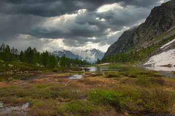 Lake Arpy 2066m. Alps, Italy. Aosta Valley Region. HDR.