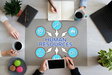 HR Human resources management Recruitment Headhunter Team Building Business concept on flat lay.