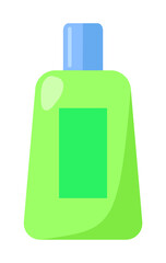 Plastic green cartoon bottle with a blue cylindrical cap, rounded container flat silhouette. Chemical liquid, or safe home cleaning product. Cleaning agent, mopping, sweeping. Flat vector image