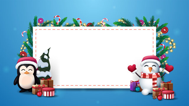 Christmas template with white large blank paper sheet decorated with Christmas tree branches, candy canes and garlands with penguin and snowmen with presents