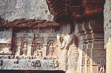 stone carving and Sculptures at Ellora caves ,UNESCO world heritage site near Aurangabad,...
