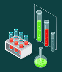 Test tubes icon on a special stand. Test-tube flasks with substances for researchers. Blood test tubes, laboratory analysis of the test material. Chemical lab science test, medical research laboratory © robu_s