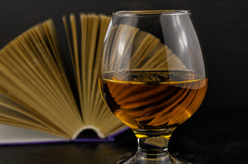 A glass of cognac and an old book