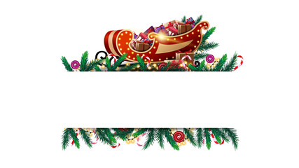 Christmas white blank template with frame of Christmas tree branches, candy and garland. Layout of a border made of Christmas elements with Santa Sleigh with presents for web banner