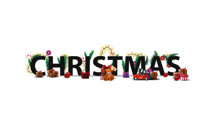 Christmas logo, sign, symbol. 3D title decorated with presents, Christmas tree branches, candy and garland isolated on white