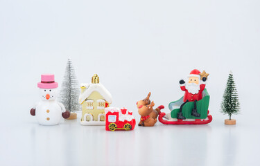 Close up shot Collection of christmas gifts and ornaments decorated on white background