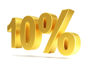 Golden ten percent isolated on white background, 3d illustration