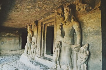 Fototapeta premium stone carving and Sculptures at Ellora caves ,UNESCO world heritage site near Aurangabad, Maharashtra, India