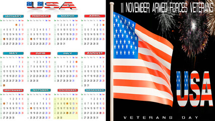 2021 calendar veterans day armed forces USA