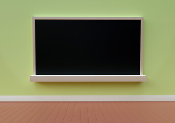 Empty black chalkboard hang on the wall, empty school room, back to school, Image for copy space, bill board wood frame for add text. 3d illustration