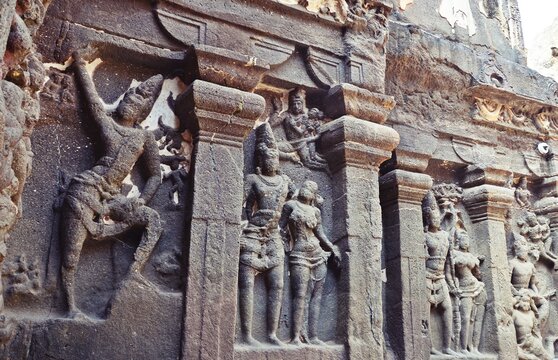 stone carving and Sculptures at Ellora caves ,UNESCO world heritage site near Aurangabad, Maharashtra, India
