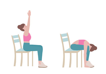 Exercises that can be done using a sturdy chair.
Breathe in and lift your arms up, pressing your palms overhead. On an exhale, float the arms back down to your sides. with Sun Salutation Arms posture.