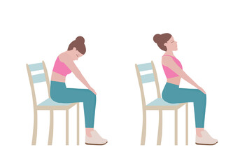 Exercises that can be done using a sturdy chair. for doing  Cat Cow Stretch. warm up sequence, a relaxation sequence, or as an exercise to prevent back pain. Fitness and health concepts.