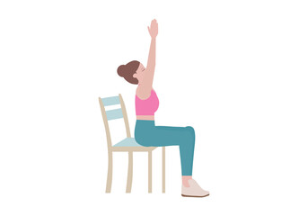 Exercises that can be done using a sturdy chair.
Breathe in and lift your arms up, pressing your palms overhead. On an exhale, float the arms back down to your sides. with Sun Salutation Arms posture.