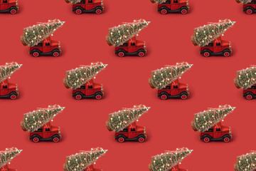 Samless pattern of red small retro toy truck with sparkling Christmas tree lights on truck body on red background. Delivery. Christmas, New Year concept.