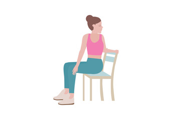 Exercises that can be done at-home using a sturdy chair.
An exhale, float the arms back down to your sides a twist as you exhale.  with SUN SALUTATIONS WITH TWISTS posture. Cartoon style.
