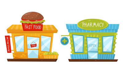 Shop Window or Store Front with Fast Food and Pharmacy Sign Vector Set