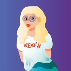 Pretty Blonde woman with red lipstick, white t-shirt and glasses. 