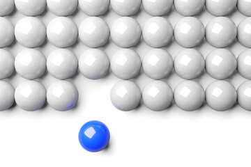 Single blue ball standing out from the crowd of white spheres, leadership, standing out or bravery concept over white background