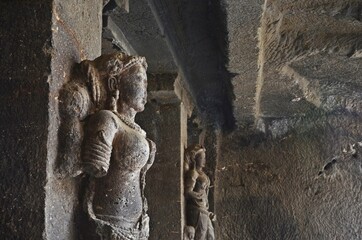 stone carving and Sculptures at Ellora caves ,UNESCO world heritage site near Aurangabad,...