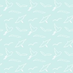 Fototapeta na wymiar Vector seamless pattern. Doodle birds contours. Isolated on blue background
