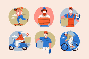 Delivery men wearing face Masks and holding a delivery boxes. Couriers with parcels riding various vehicles. Safe Delivery service concept. Big set of Hand drawn Vector illustrations. Round icons