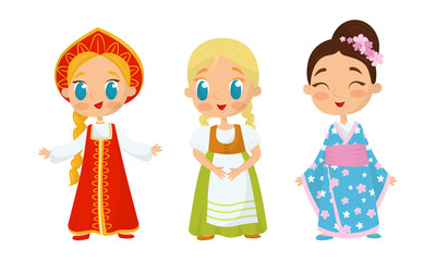Smiling Girls Wearing Costumes of Different Countries Vector Set