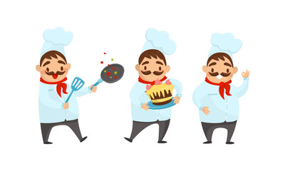 Man Chef with Moustache Carrying Cake and Frying Pan Vector Illustration Set