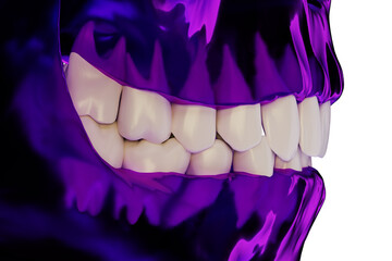 violet transparent human jaw with a teeth, side view, 3d render