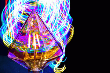 Fototapeta na wymiar Light painting with a pyramid type lamp and multicolors..
