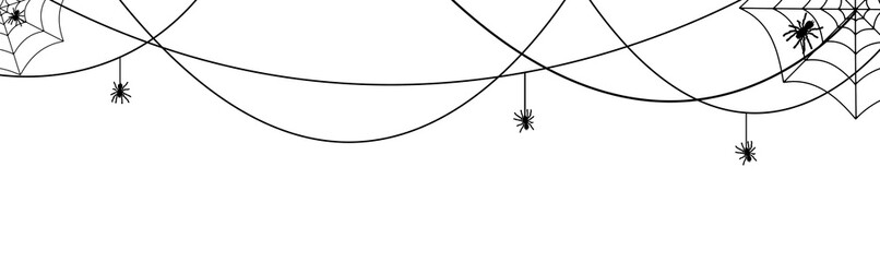 Halloween spiderweb border with hanging spiders. background for october night party and invitations.