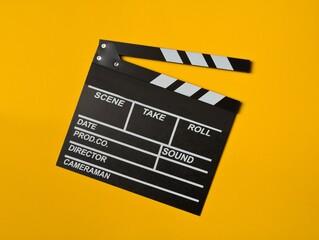 Naklejka premium Single, black, opened movie clapper or clapper-board flat lay top down view from above on yellow or orange